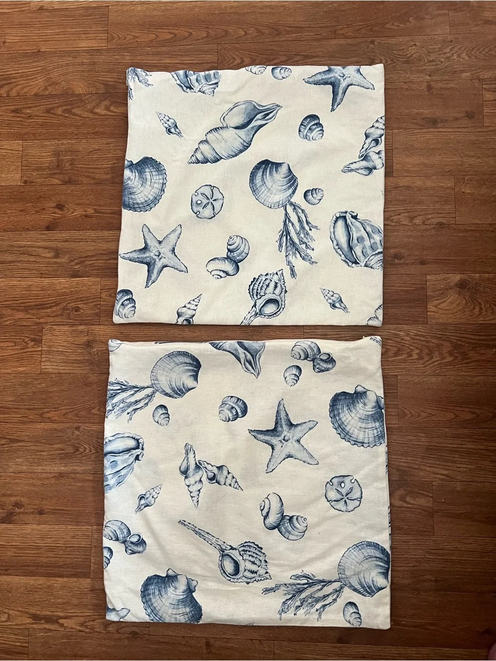Pottery Barn Linen Cotton Blend Seashell Coastal Pillow Covers (2) White Blue